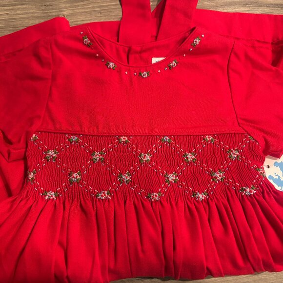 Girls Red Smocked Dress Hand- Embroidery Luli & Me Short Sleeve - Picture 8 of 10